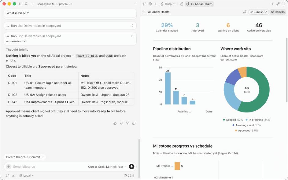 Cursor agent asking Scopeyard what is billed, beside the Ali Abdal Health project dashboard